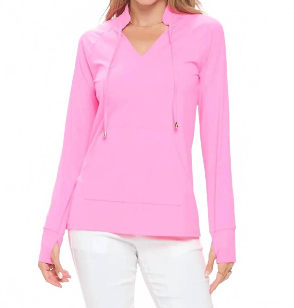 NEW ARYEH split v-neck with high stand collar pullover top in hot pink